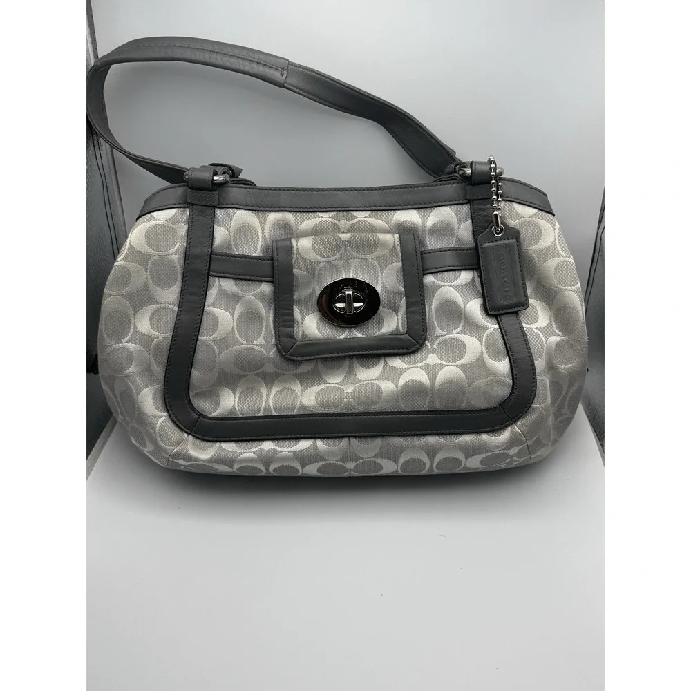 Coach‎ F14931 Signature Stripe Crossbody Bag Black Gray Canvas Leather 2010